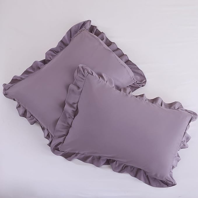 JANZAA Comforter Set Full Size Grayish Purple Ruffle Comforter 3PCS Soft Fluffy Comforter Vintage Farmhouse Bed Comforter Set Shabby Chic Bedding with 2 Pillowcases