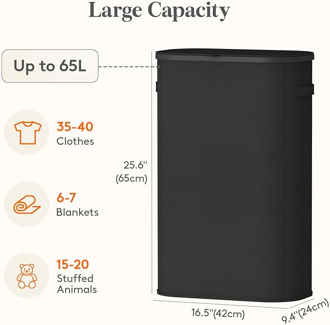 Lifewit Slim Laundry Basket with Lid, Narrow Large Laundry Hamper with Plastic Handles and Removable Bag, Tall Foldable Dirty Clothes Hampers for Laundry Room, Bedroom, Bathroom, Dorm, 65L Black - Image 3