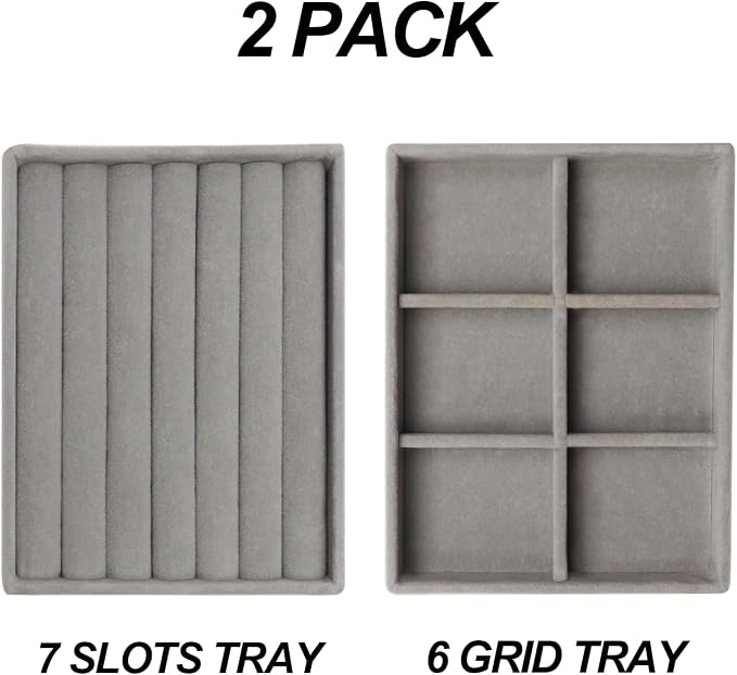 Fordonral Velvet Jewelry Organizer Box, Jewelry Drawer Organizers Trays, Earring Ring Necklace Holder Display Case (Gray, Ring+6 Grid Trays) - Image 2