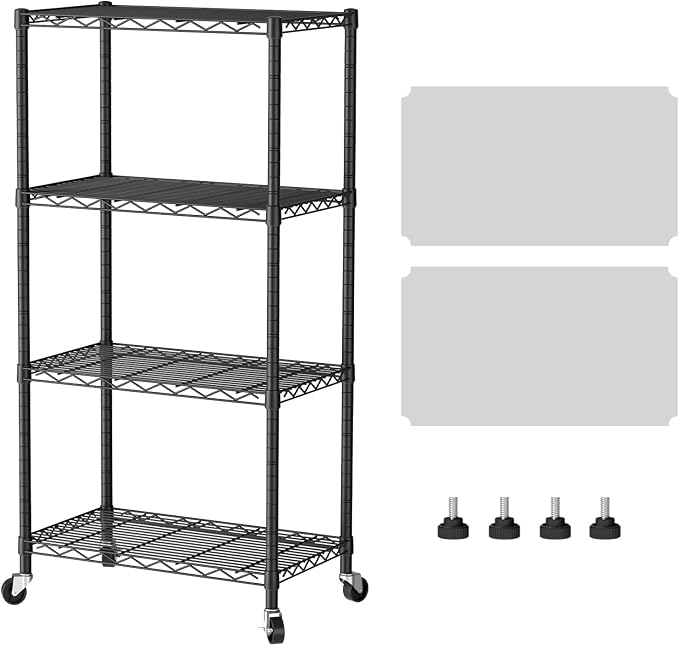 SINGAYE 4 Shelf Storage Wire Shelves Closet Bathroom Organizers Metal Pantry Kitchen Garage Shelving Unit Laundry Room Organization Home Narrow Rack Net Basket with Wheels Black by SINGAYE