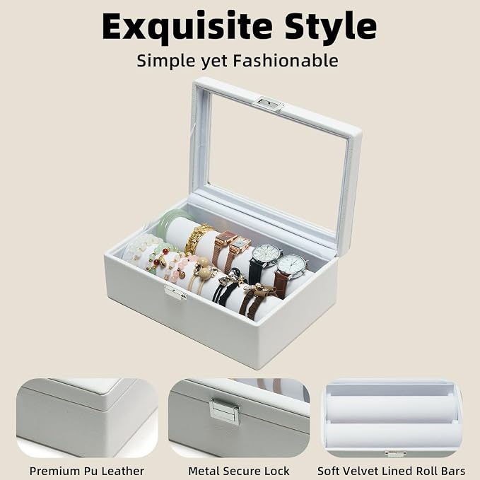 Bracelets Organizer Rods Bangles Display Holder, Clear See through Lid Leather Velvet Jewelry Storage Box Case for Women, 2 Rods White Leather - Image 5