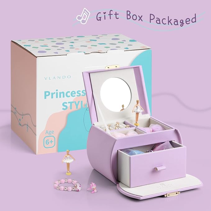 VLANDO Kids Musical Jewelry Box for Girls with Drawer, Music Box with Ballerina and Stickers for Birthday Bedroom Decor, Gifts for Girls Kids Christmas Thanksgiving Gifts 2024 - Purple - Image 5