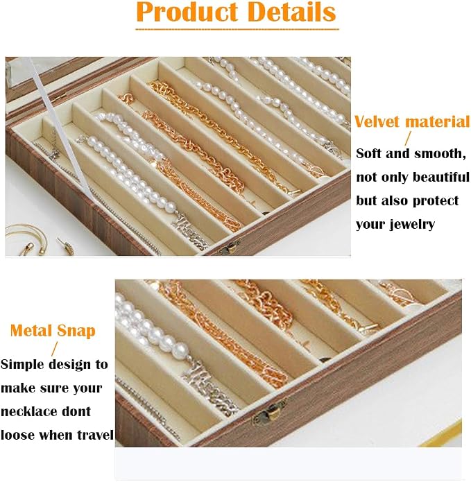 Glass Lid Necklace Organizer Box Transparent Necklace Holder Organizer Velvet Necklace Display Box Clear Lid Jewelry Storage Stackable Necklace Display Case for Women Girls (Style C) - Image 4