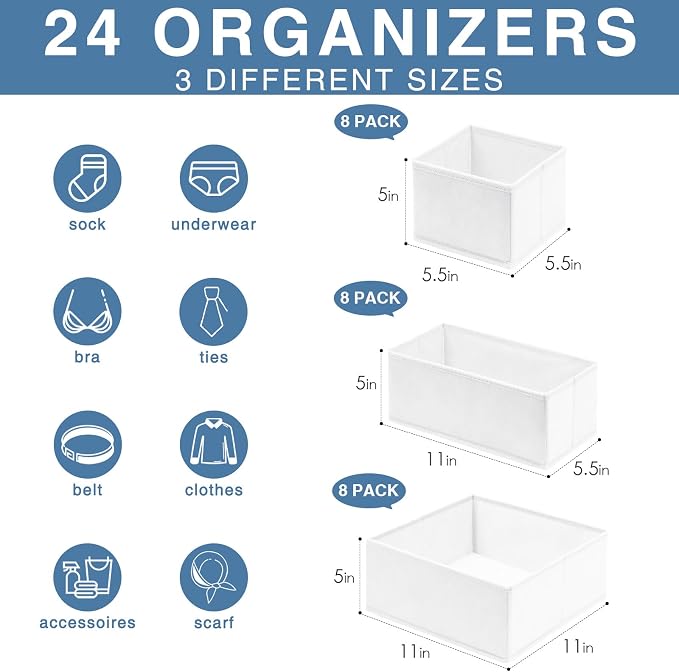 Criusia Drawer Organizer Clothes, 24 Pack Dresser Organizer Bins for Nursery Bedroom, Closet Organization and Storage Dividers for Clothing, Baby Clothes, Underwears, Socks (White) - Image 2