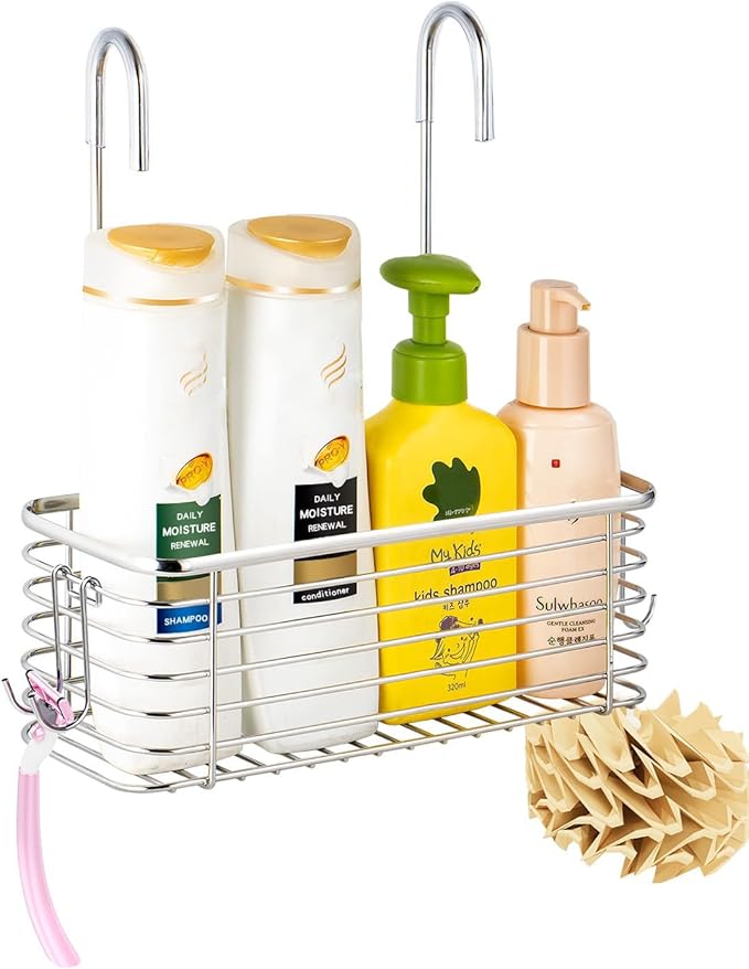 YQh hanging shower rack, bathroom storage rack, shampoo bracket, the back hook can be rotated, and can be hung on the faucet or Claw foot bathtubcross bar, 304 stainless steel rust proof and durable by YQh