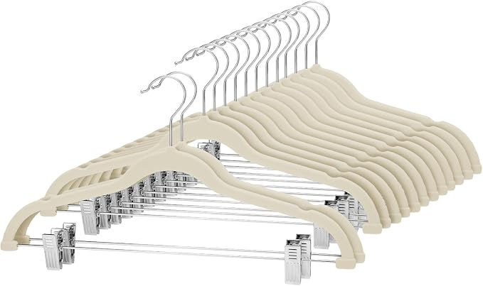 Cozymood Velvet Skirt Hangers - Pack of 24 - Velvet Hangers with Clips Ultra Thin Non Slip Velvet Pants Hangers Space Saving Clothes Hanger for Trouser, Skirts, Jeans, Dress (Beige) by CozyMood