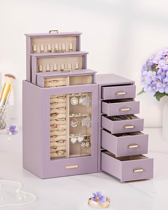 Homde Large Jewelry Box/Organizer/Case with Glass Window, Drawers for Necklaces Earrings Rings Bracelets Watches Gift for Women Girls - Image 7