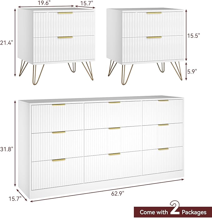 9 Drawer Dresser and Nightstand Sets for Bedroom, 3 Pcs Bedroom Set, Night Stand Set of 2 & 9 Drawer Dresser with Gold Handles, Modern Wood Chest of Drawers Storage Cabinet Set, White