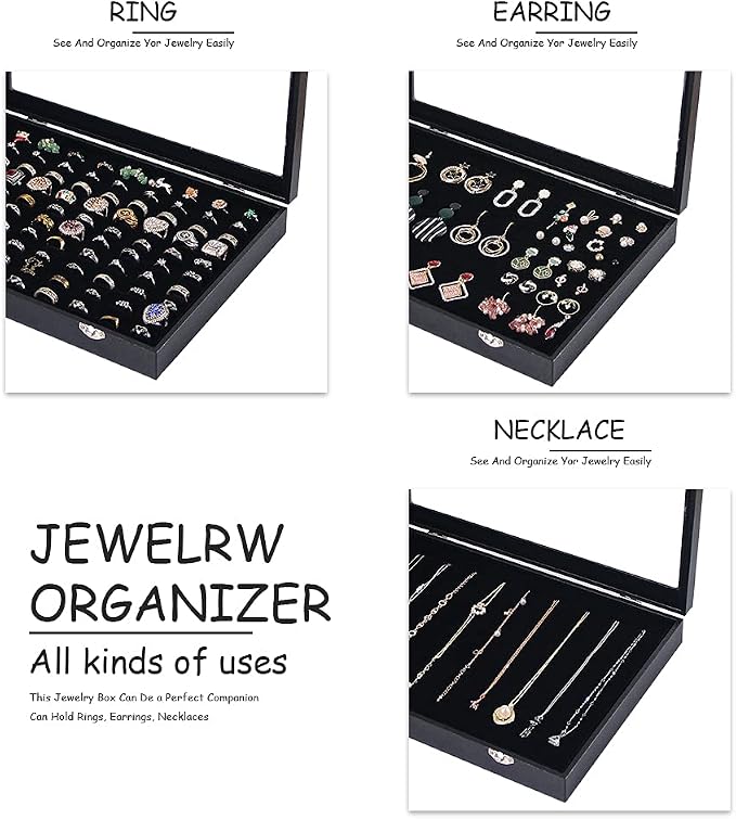 Ring Holder Organizer Box, Jewelry Display Case, Earring Necklace Storage Tray With Top Glass Lid (Black, 100 Slots) - Image 2