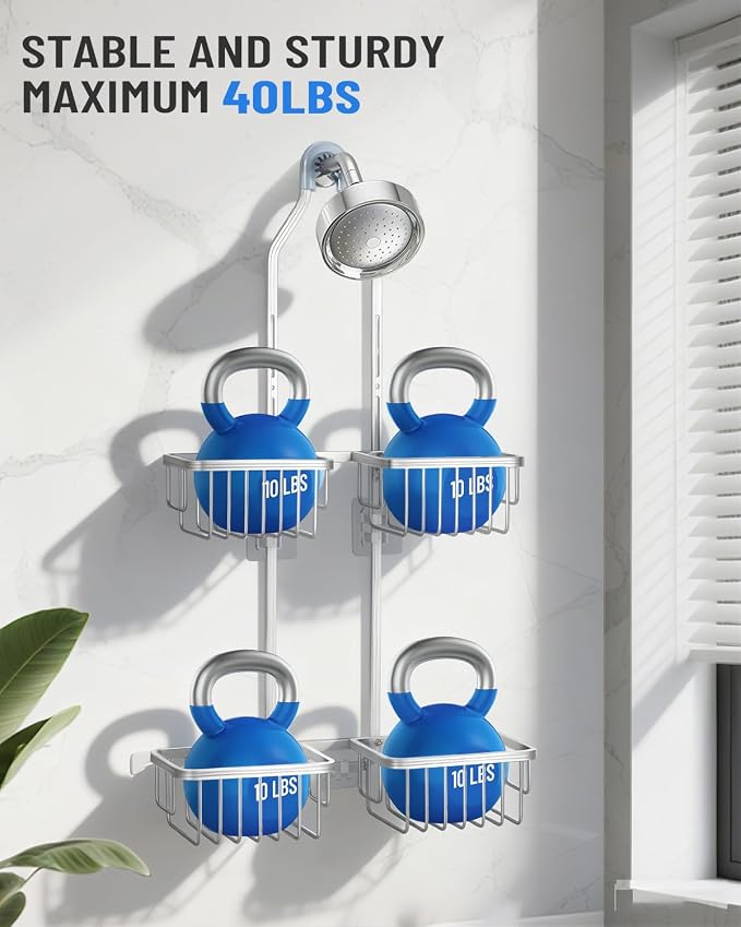 Adjustable Shower Caddy Hanging for Handheld Showerheads - Never Rust Shower Hanging Organizer, Upgraded Bathroom Shower Rack with Soap Basket, Hooks and Toothbrush Holder (Silver) - Image 7