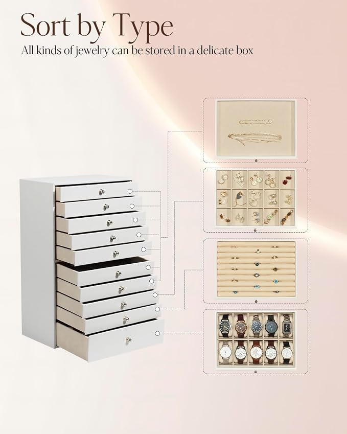 GUKA Large Jewelry Box, Jewelry Case with 10 Drawers for Big and Small Jewelry, Jewelry Storage Organizer for Watch Earrings Necklace Rings Bracelets, Birthday Wedding Gifts, White - Image 4