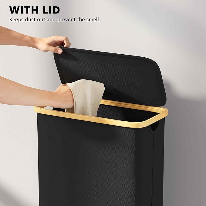 SpaceAid Slim Laundry Hamper with Wheels and Lid,62L Rolling Narrow Clothes Basket with Bamboo Handle, Large Laundry Hamper for Bedroom, Bathroom, Dorm, Laundry Room - Black - Image 8