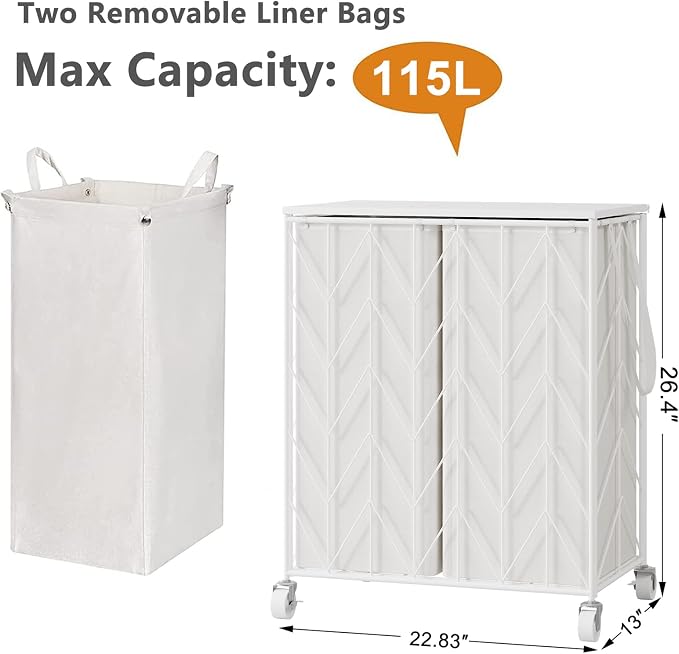 WOWLIVE Laundry Basket with Wheels, Heavy Duty Laundry Hamper with Wood Lid, Clothes Hamper with Divided Removable Liner Bag, Large Capacity Iron-Made Laundry Sorter Laundry Room Organization (White) - Image 3