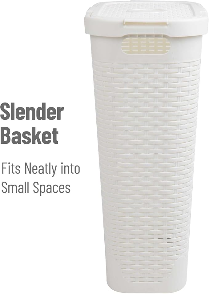 Mind Reader Slim Laundry Hamper with Lid, 40L Clothes Basket, Narrow Tapered Design with Ventilated Cutout Pattern, Plastic, Set of 2, White - Image 6