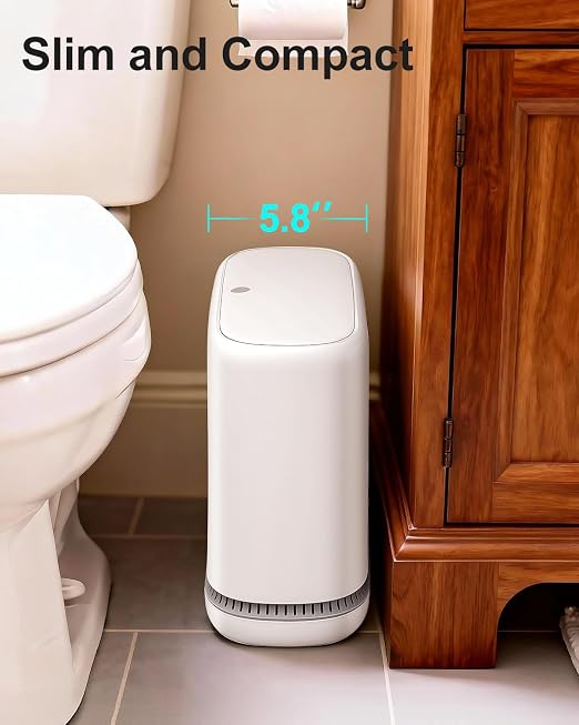 2.3 Gallon Slim Small Bathroom Trash Can with Lid, White Dog Proof Garbage Can with Air-Press Bag Expander & Removable Bucket, Narrow Bathroom Waste Basket for Bedroom, Office, Dorm - Image 2