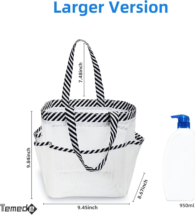 Temede Mesh Shower Caddy Portable for College Dorm Room Essentials, Large Capacity Shower Caddy Basket with 8 Pockets, Quick Dry Shower Tote Bag for Beach, Gym, Bathroom, Camp, Travel-White - Image 2