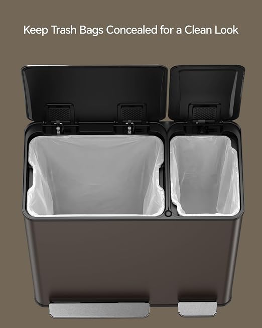 Lovewind Dual Trash and Recycling Bins for Kitchen, 13+6 Gallon Stainless Steel Garbage and Recycle Bin Combo for Large Families, Dual Trash Can with Soft Close Lid & Magnetic Stickers, Brown - Image 7