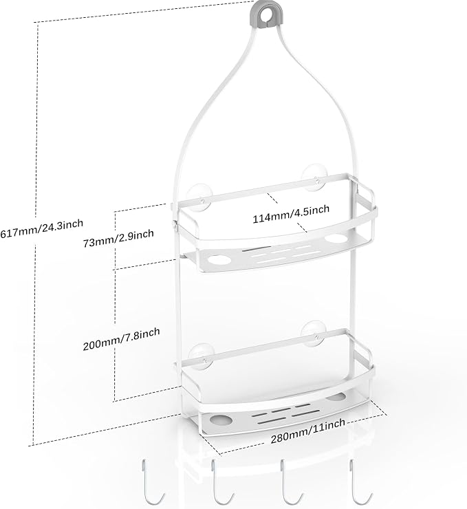 Meangood Shower Caddy Over Shower Head, White Anti-Swing Hanging Shower Caddy with 4 Remove Hooks for Razor, Sponge, Towels Rustproof Shower Organizer for Bathroom - Image 7