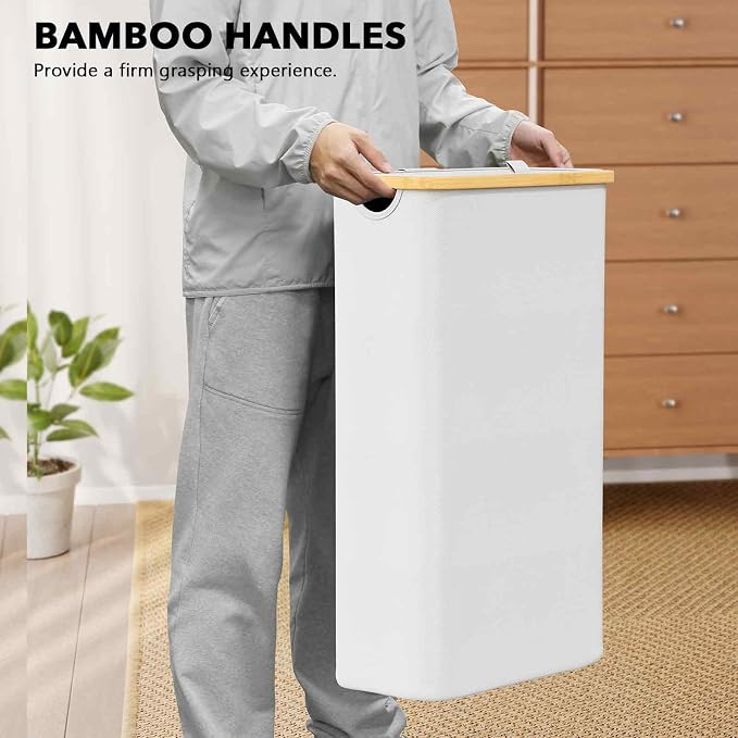 SpaceAid Slim Laundry Hamper with Lid, 65L Narrow Clothes Basket Bin with Bamboo Handles, Skinny Tall Collapsible Hamper for Bedroom, Bathroom, Dorm, Laundry Room - White - Image 9