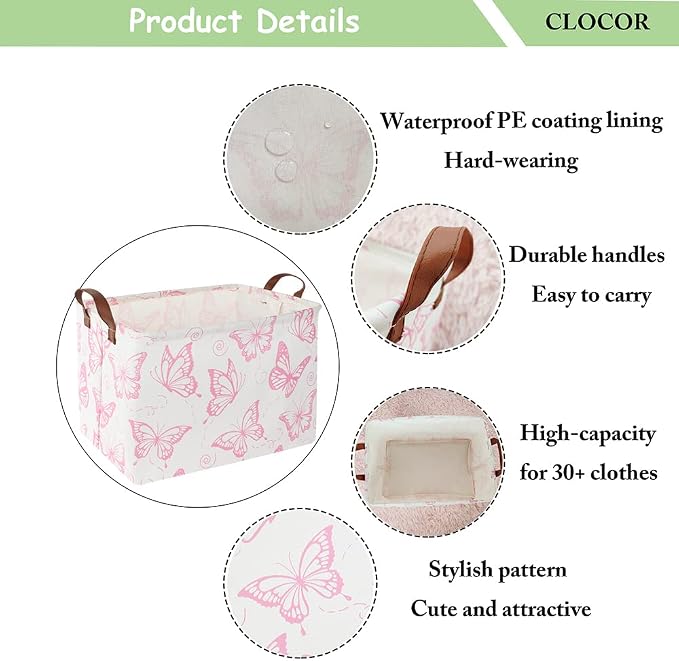 CLOCOR Rectangular Pink Basket, Collapsible Storage Bin, Waterproof Storage Box with Handles, Gift Organizer, Shelf Basket(Pink Butterfly) - Image 6
