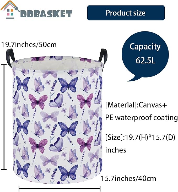 Butterfly Laundry Basket Kids Hamper for Nursery Boy and Girl Hamper Cute Kids Toys Storage Bin Organizer Room Decor for Home(Purple Butterfly) - Image 3