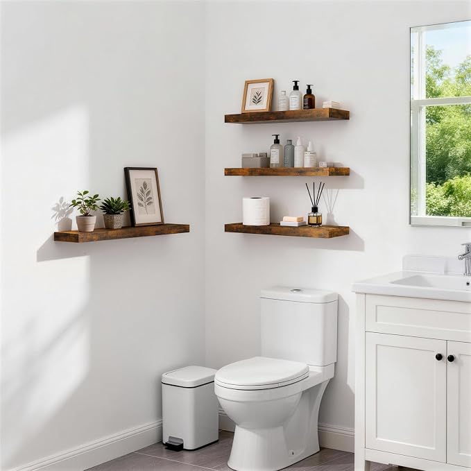 BAYKA Floating Shelves Set of 2, 22.5 inches Farmhouse Rustic Wood Wall Mounted Shelves for Bathroom, Bedroom, Living Room or Kitchen, Hanging Shelf Decor Book with 22lbs Capacity, Rustic Brown - Image 2