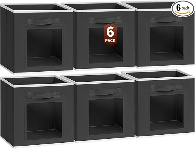 Homsorout Cube Storage Bins - Fabric Shelves for Closet Organization, Foldable Storage Bins for Clothes, Decorative Storage Baskets with Window for Home, Set of 6, Black by Homsorout