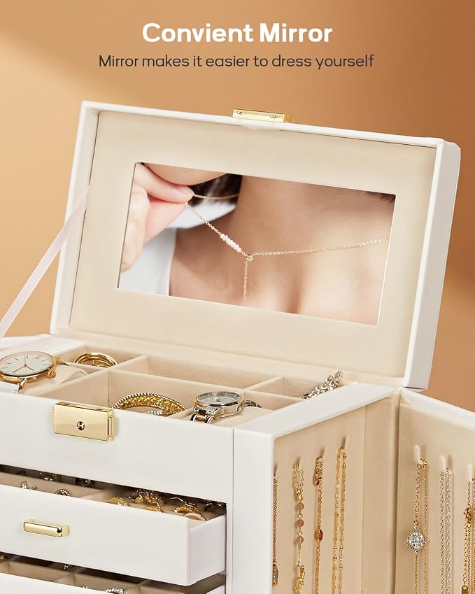Homde Synthetic Leather Huge Jewelry Box Mirrored Watch Organizer Necklace Ring Earring Storage Lockable Gift Case (White + Gold) - Image 7