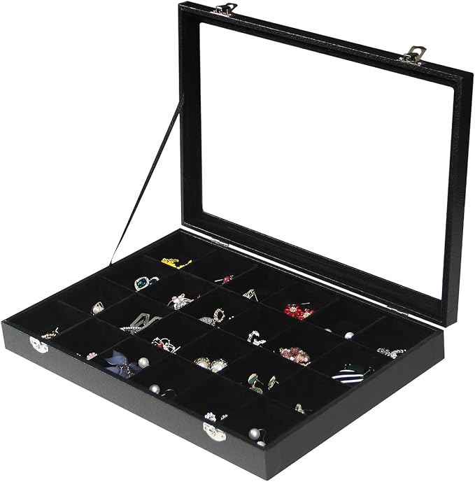 Coward Jewelry Organizer Box, Black Velvet 24 Grids Ring Earring Jewelry Display Tray Case with Transparent Glass Lid for Home Drawer or Shop Selling by FocusOnJewelryDisplay15yrs