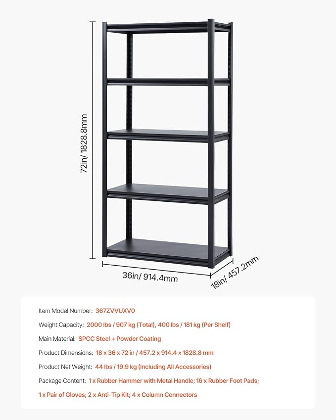 VEVOR Storage Shelves, 2000 lbs, 5 Tier Garage Storage Shelving, 18" D x 36" W x 72" H Adjustable Metal Shelves for Garage Shelves Utility Rack Shelf, Ideal for Kitchen, Warehouse, Basement, Black - Image 8