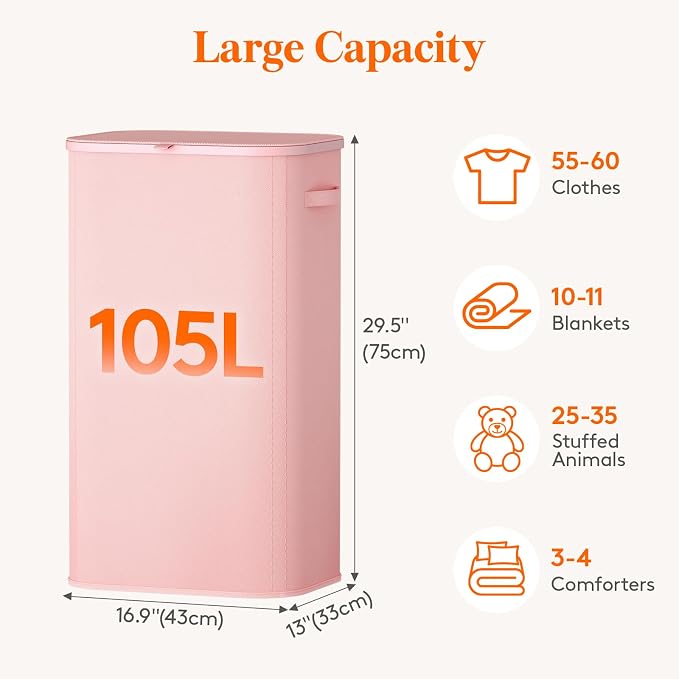 Lifewit 105L Large Laundry Basket with Lid, Laundry Hamper with Plastic Handles and Removable Bag, Foldable Tall Dirty Clothes Hampers for Laundry for Laundry Room, Bedroom, Bathroom, Dorm, Pink - Image 3