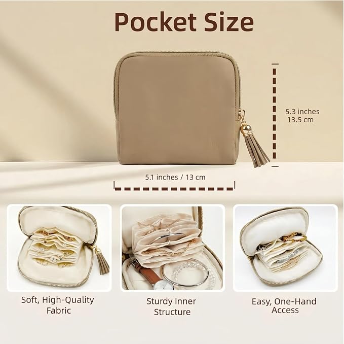 Mini Travel Jewelry Case, Small Jewelry Organizer, Jewelry Travel Case for Women, Portable Travel Jewelry Organizer Bag, Travel Jewelry Box – 5.3 × 5.1 inches (Sand Brown) - Image 5