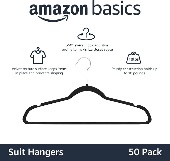 Amazon Basics Slim Velvet Non-Slip Space Saving Suit Clothes Hangers, Closet Organizer, Black, 50-Pack - Image 2