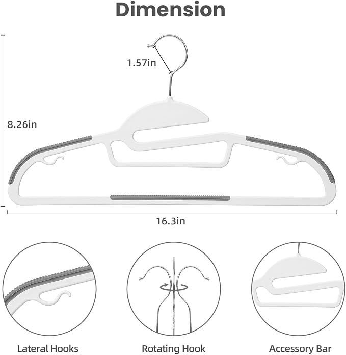 BAGAIL Plastic Hangers 50 Pack with Non-Slip Design,0.2 Inches Thick, 360°Swivel Hook Space Saving Organizer for Bedroom Closet,Shirts,Pants(White- S Shaped) - Image 2
