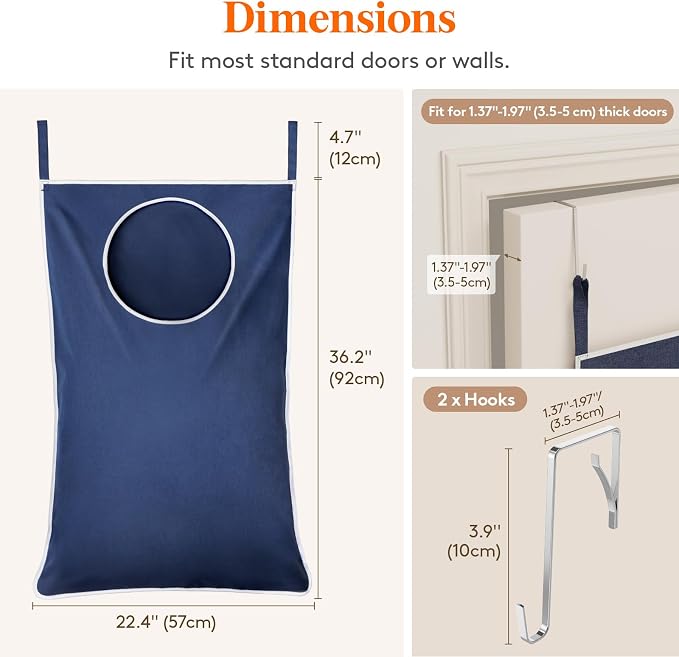 Lifewit 1 Pack Over Door Laundry Hamper, Large Collapsible Hanging Laundry Hamper, Hanging Laundry Basket Bag for Bathroom Bedroom Dirty Clothes Storage Organizer, Dark Blue - Image 2