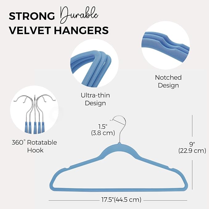 HOUSE DAY Premium Velvet Hangers 50 Pack Blue, Non-Slip Flocked Felt Hangers, Sturdy Clothes Hanger with 360° Rotatable Hook, Heavy Duty Durable Slim Coat Hanger for Closet Space Saving - Image 7