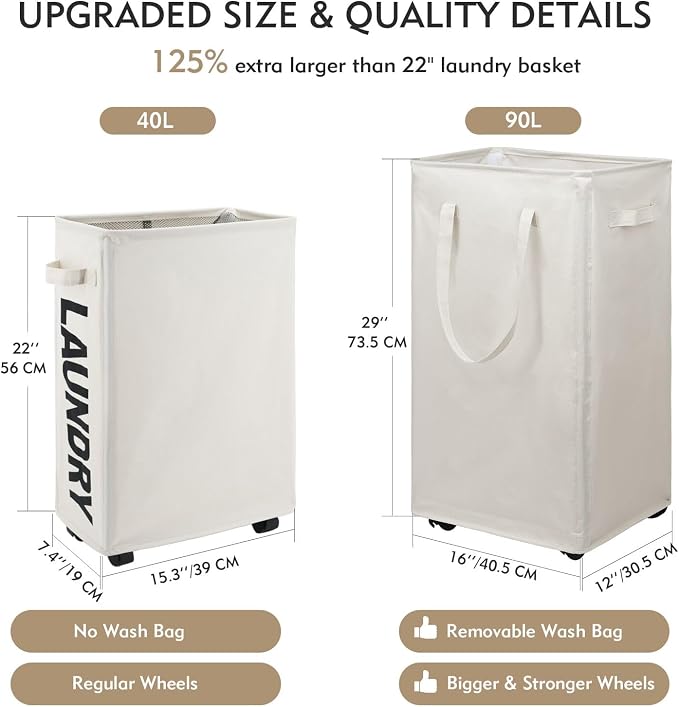DOKEHOM 90L X-Large Laundry Basket with Removable Wash Bag on Wheels, Collapsible Rolling Laundry Hamper, Foldable Clothes Organizer, Folding Washing Bin (Beige) - Image 3