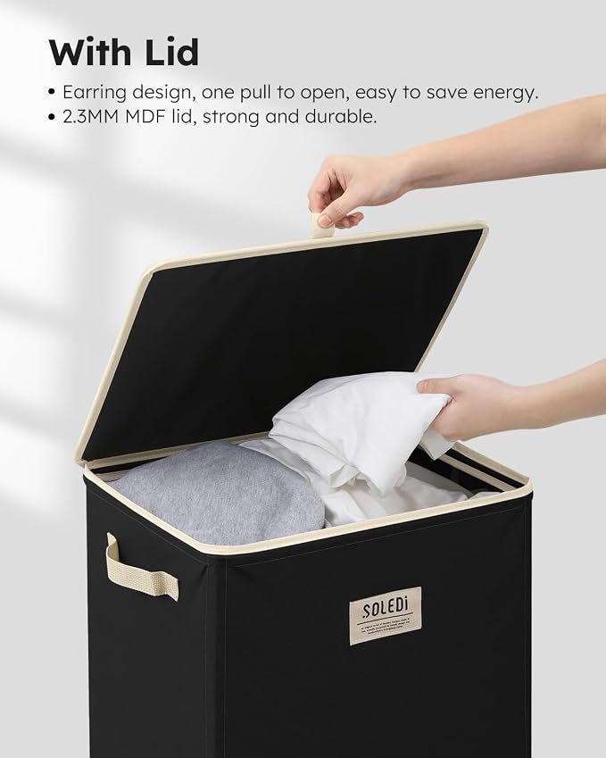 SOLEDI Laundry Hamper with Lid 100L Large & Tall Collapsible Laundry Basket, Clothes Hamper with Bag Removable Easy to Carry, Dirty Hampers for Bedroom, Bathroom, Dorm, College, Pitch Black - Image 5