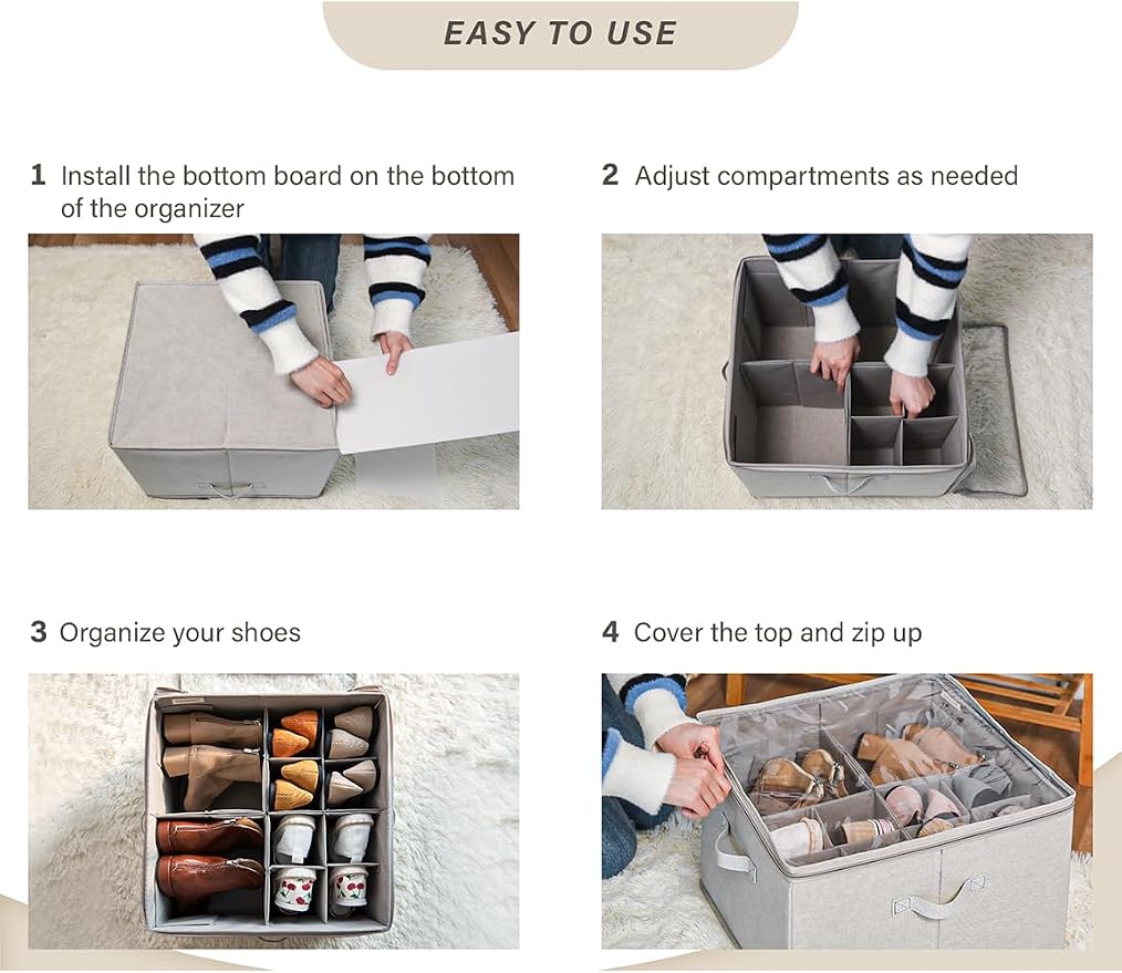 StorageWorks Shoe Organizer for Closet, Fits up to 16 Pairs, Shoe Cubby Storage Containers with Adjustable Dividers and Clear Cover, Taupe | Fits up to 16 Pairs, Clear Cover - Image 3