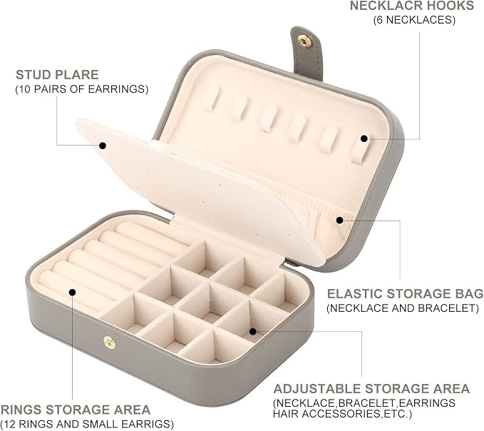 FEISCON Jewelry Organizer, Small Jewelry Box Mini Jewelry Travel Case Storage and Organizer Portable Jewelry Storage Box/GRAY - Image 2
