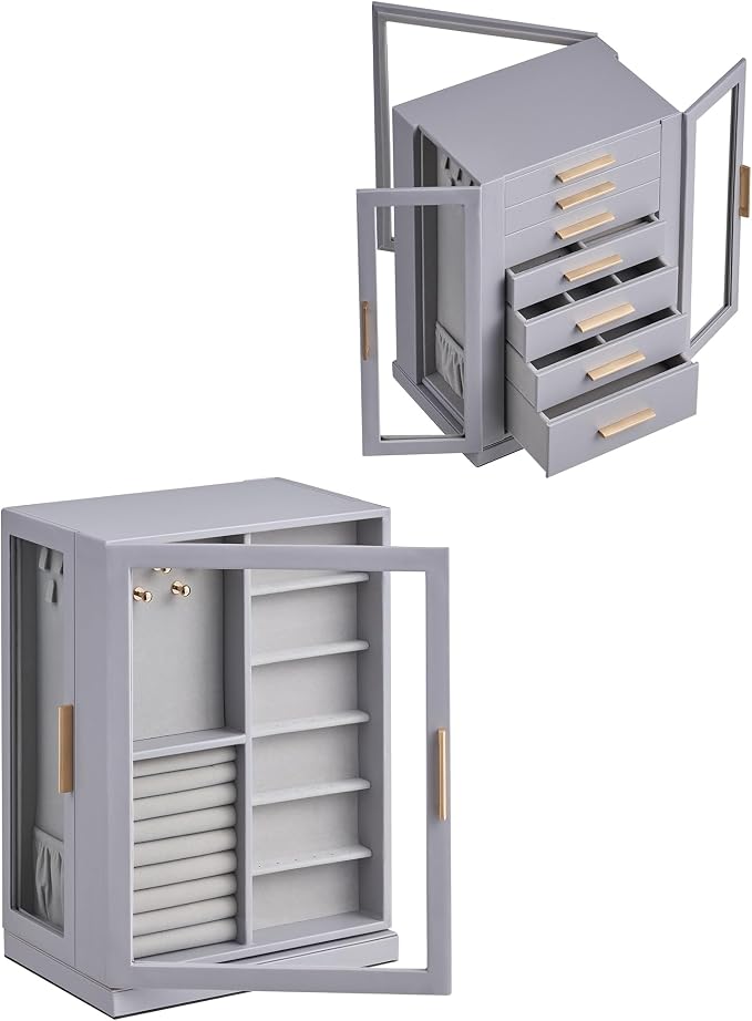 Glimmloop 360° Rotating Jewelry Box with 7 Drawers, Spacious Vertical Jewelry Organizer with Glass Window, Jewelry Storage Case, Dustproof & Moisture-resistant Design, Grey - Image 7