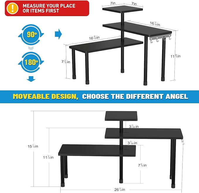 JayRex Countertop Corner Shelf, 3 Tier Shelf Moveable Organizer for Bathroom Counter, Make Up, Dresser Table, Desktop Shelf (Black) - Image 2