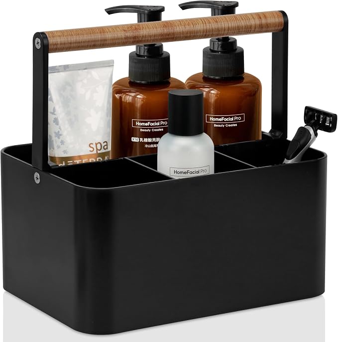 BYUNER Portable Shower Caddy Dorm: Bathroom Caddy Organizer with Handle and Adjustable Dividers,Plastic Shower Basket for Toiletry,Makeup,Vanity,Shower Storage Tote for College, Cleaning Caddy, Black by MakesYourHomeMoreOrganized