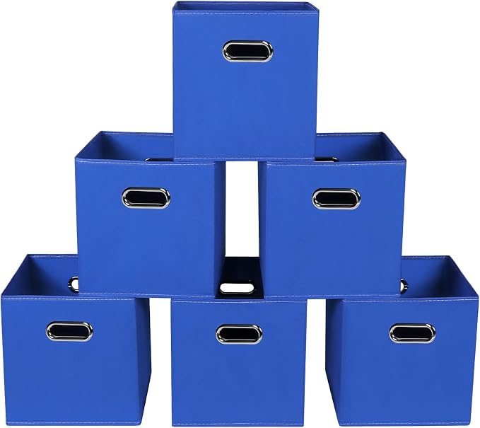 Fabric storage bins Cubes, Fabric Cube Organizer with Handle, Foldable Cube Bins for Cloth or Accessary Storage, 11x11x11, Set of 6, (Dark Blue) by Yunkeeper
