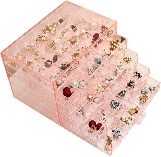 YUFONG Earring Storage Box Organizer, Acrylic Jewelry Storage Box Holder 5 Drawers Transparent Jewelry Display Stand with 120 Small Compartments Gift Boxes for Women Girls (Clear Pink) by YUFONG