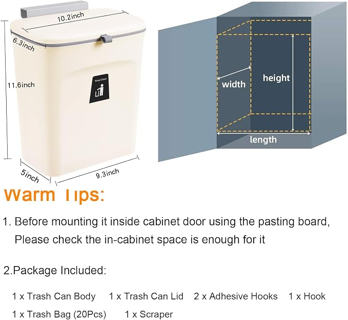 Tiyafuro 2.4 Gallon Kitchen Compost Bin for Counter Top or Under Sink, Hanging Small Trash Can with Lid for Cupboard/Bathroom/Bedroom/Office/Camping, Mountable Indoor Compost Bucket, Beige - Image 7