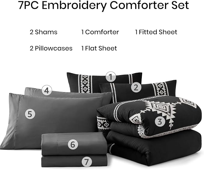 MaiRêve Embroidery Comforter Set, Boho Farmhouse Western Bedding Set, All Season Bed in A Bag Comforter Set with Sheets, Pillowcases & Shams, Black Oversized Queen 7 Pieces