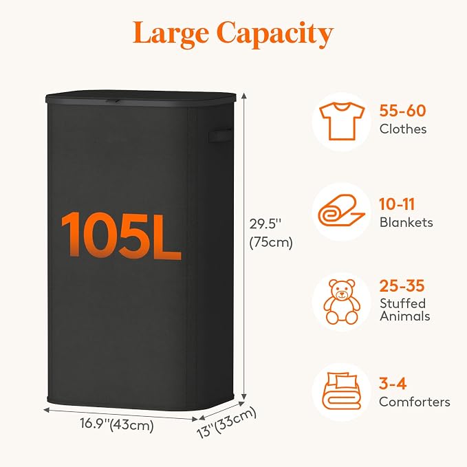 Lifewit 105L Large Laundry Basket with Lid, Laundry Hamper with Plastic Handles and Removable Bag, Foldable Tall Dirty Clothes Hampers for Laundry for Laundry Room, Bedroom, Bathroom, Dorm, Black - Image 3