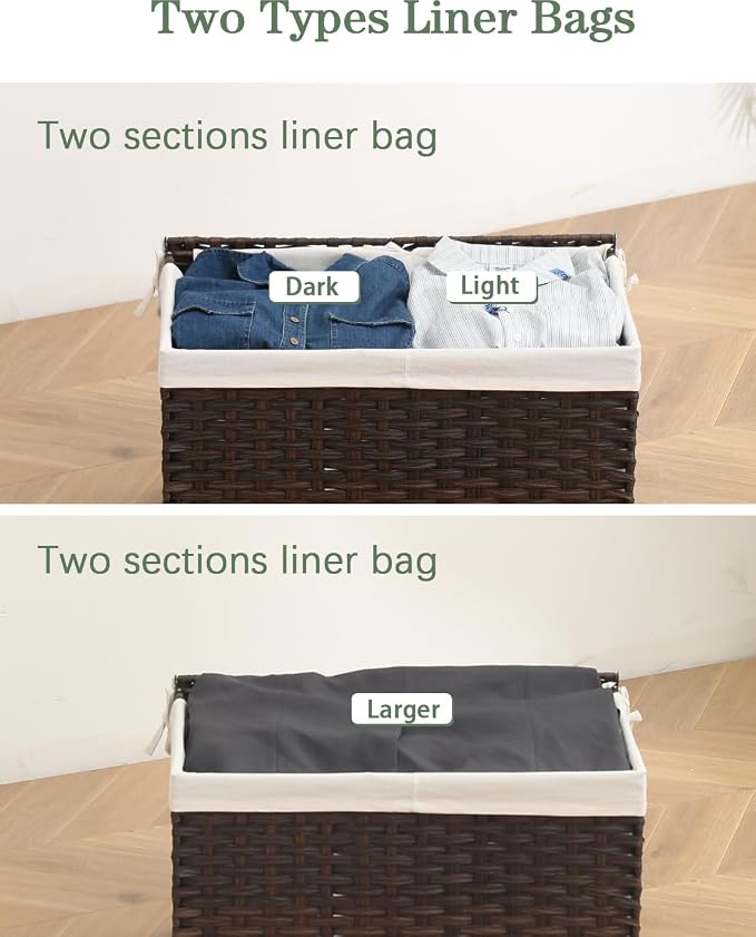 SETVSON Storage Basket with Lid Rattan Storage Basket with 2 Separate Lid, 27.8 Gallon (105 L) 25.2 * 15.4 * 16.1 Inches Woven Wicker Baskets with 2 Liners and Handles for Bedroom Laundry-Brown - Image 5