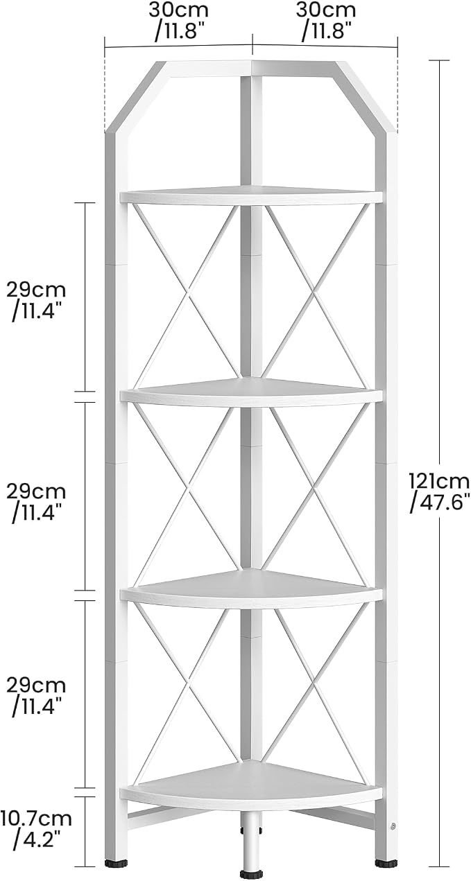 CHOEZON 4-Tier Corner Shelf, Industrial Corner Bookshelf, 47.6" Corner Storage Stand, Plant Stand Display Shelf, Corner Bookcase for Bedroom, Living Room, Home Office, White TCJ09WB - Image 2
